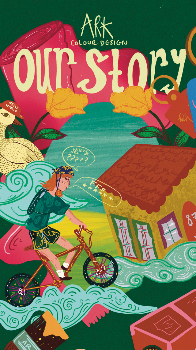 A colorful illustrated poster-style graphic with the text 'Our Story' and 'ARK Colour Design' on a dark green background. The artwork shows a woman riding a bicycle over stylized waves, with a house, flowers, a llama, paintbrushes, bottles, and other playful objects in a whimsical scene.